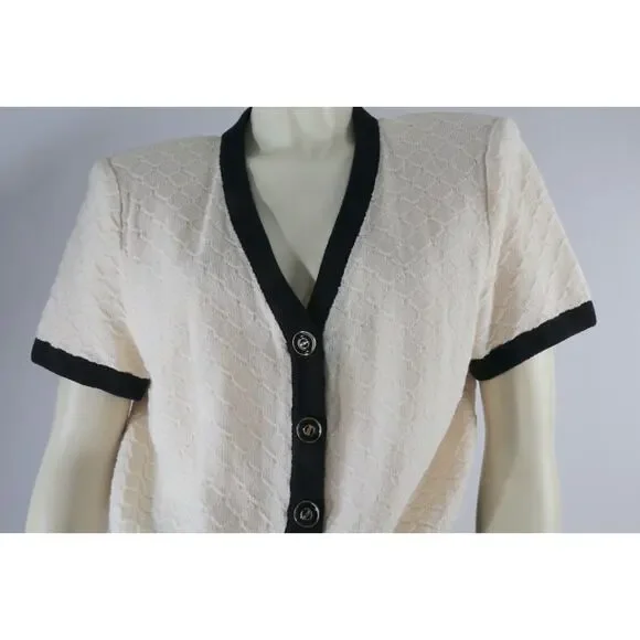 Vintage St. John Collection Knit Cardigan Ivory Black Trim Short Sleeve Size 6 - Picture 14 of 16
